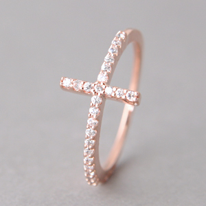 Cz Sterling Silver Horizontal Cross Ring Rose Gold..
