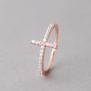 Cz Sterling Silver Horizontal Cross Ring Rose Gold..