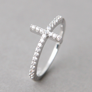 Cz Sterling Silver Horizontal Cross Ring White Gold - Made To Order